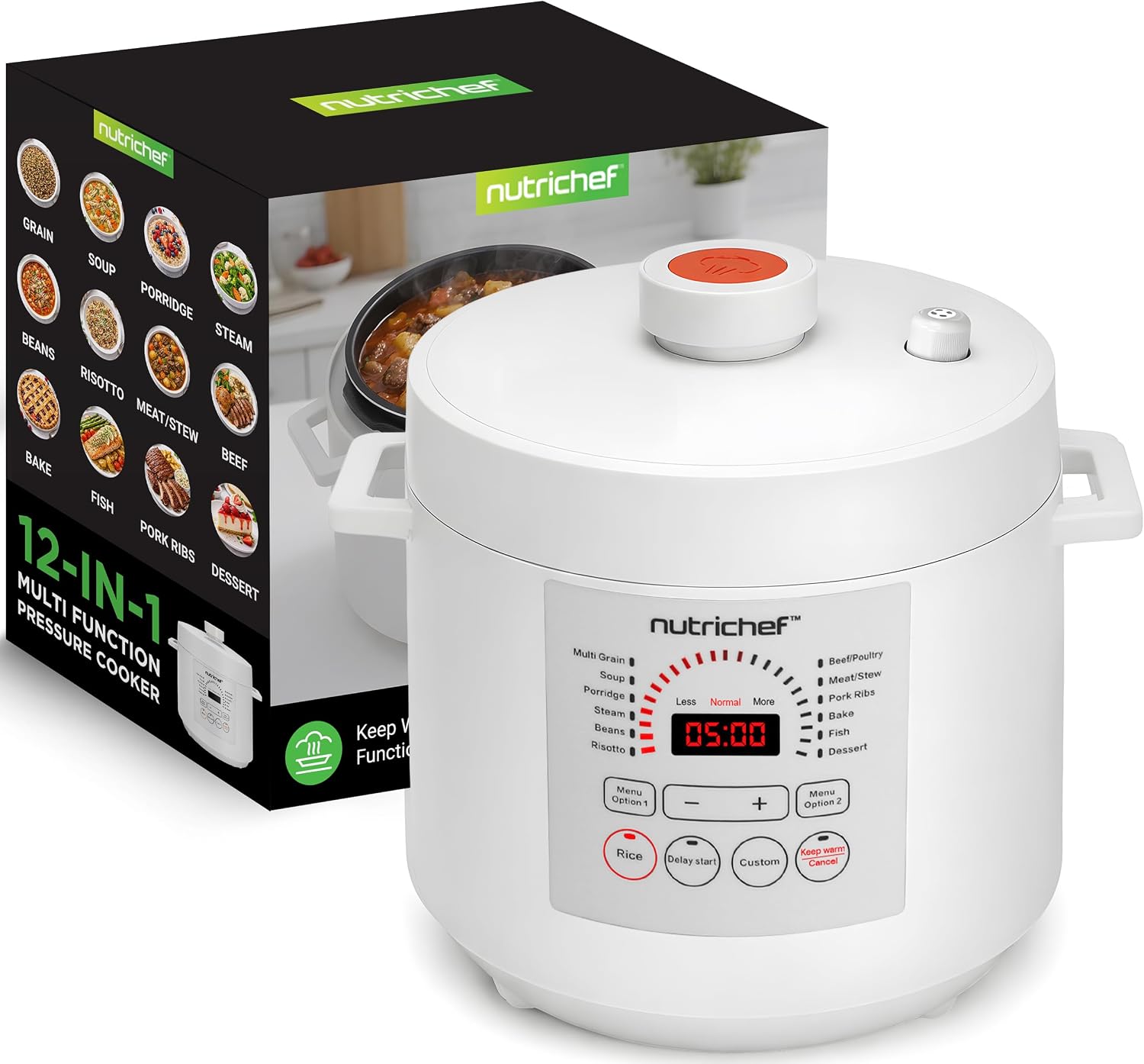 NutriChef 6 Quart Electric Pressure Cooker | 12 Function Digital Countertop Pressure Cooker | Adjustable Time & Temperature | Re-heat and Keep Warm Function | 13.1 x 11.4 IN | White