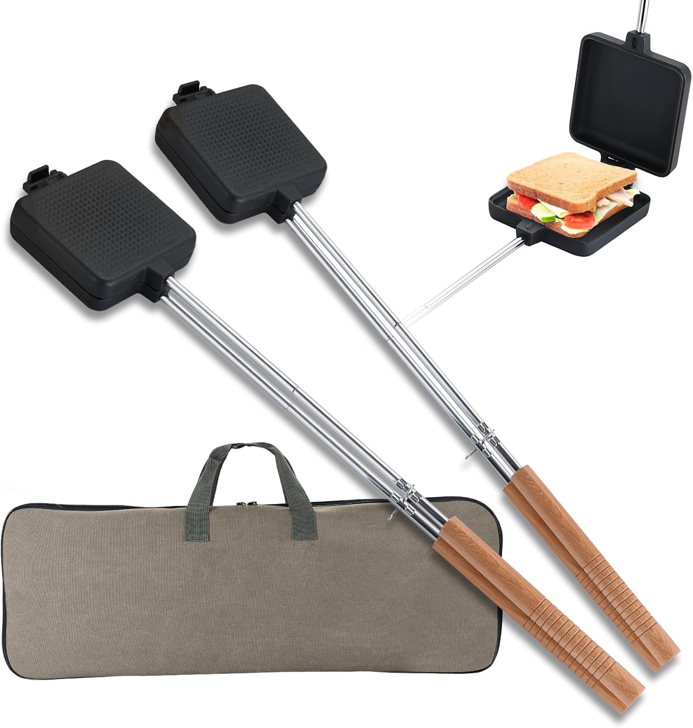 NATGAI 2Pcs Detachable Cast Iron Campfire Pie Iron Sandwich Maker, 4.9″ Large with Storage Bag, Extended Handles, for Camping, BBQ & Cooking