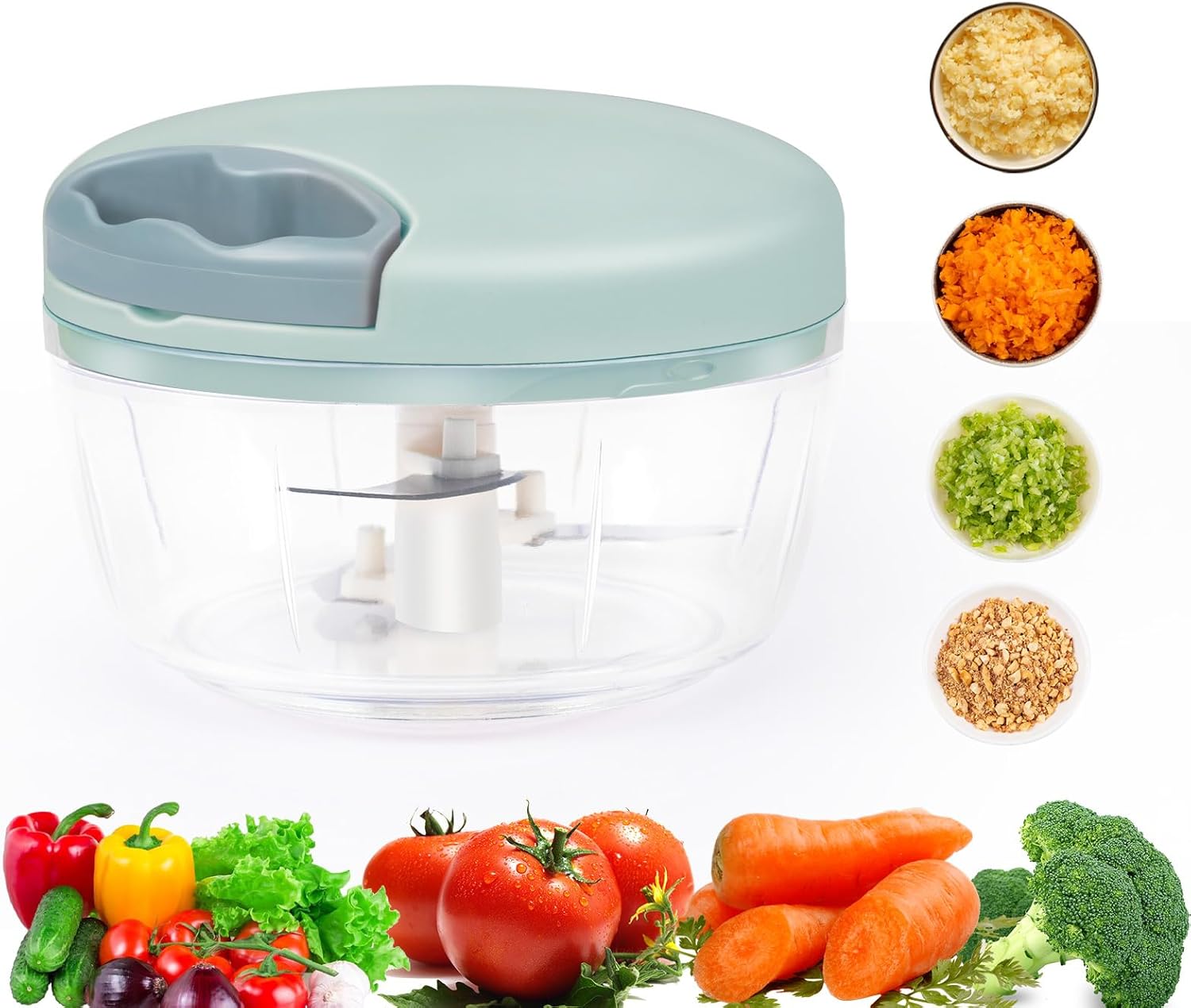 LGURT Garlic Chopper with Container, Manual Food Chopper Pull-String, Vegetable Onion Mincer, Hand Food Processor, Kitchen Cutter for Chili Ginger Herb Seasoning, Green 500ml
