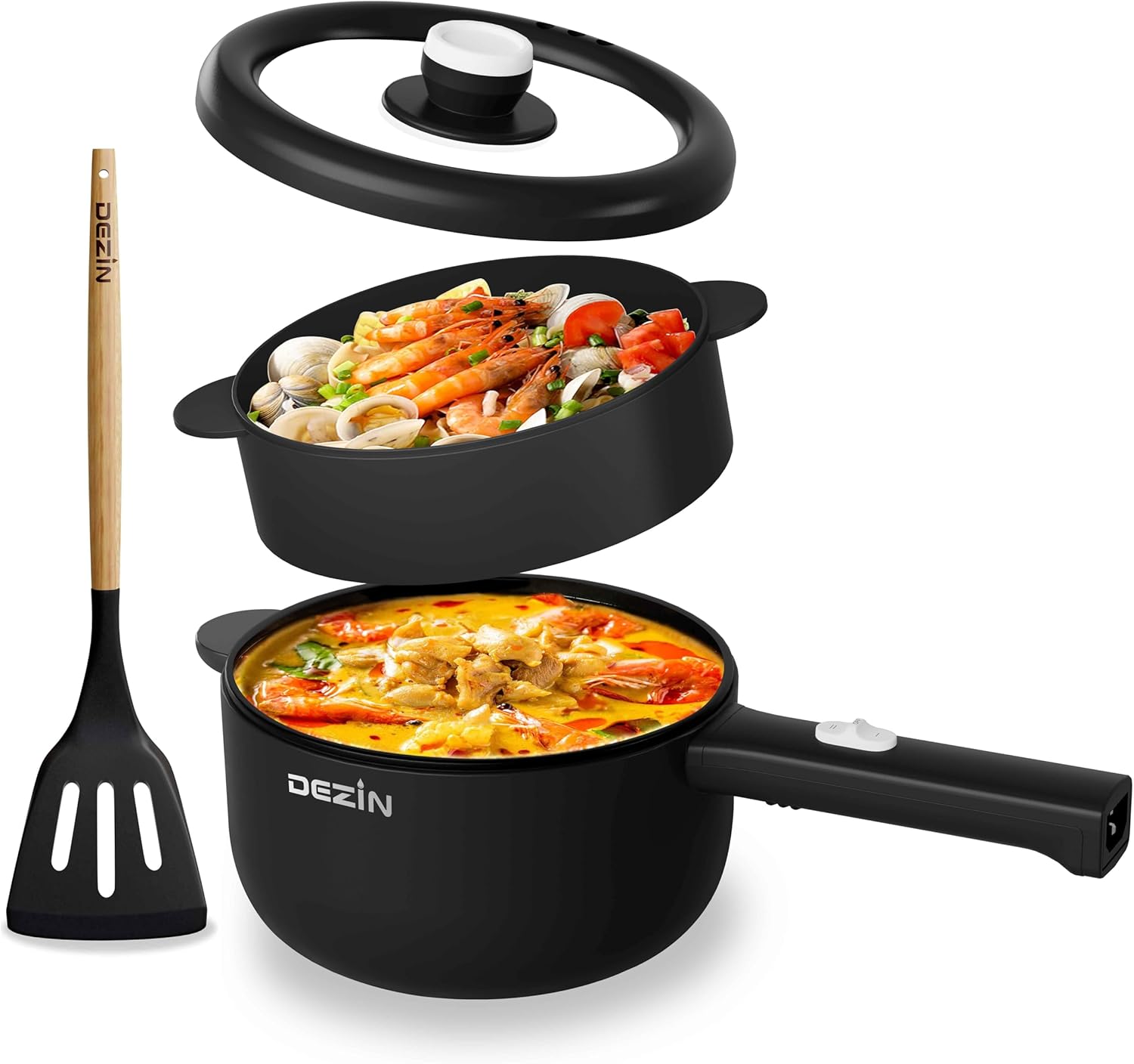Dezin Hot Pot Electric, 2L Non-Stick Sauté Pan, Rapid Noodles Cooker, Mini Portable Pot for Steak, Egg, Fried Rice, Ramen, Oatmeal, Soup with Power Adjustment & Spatula, College Dorm Room Essential