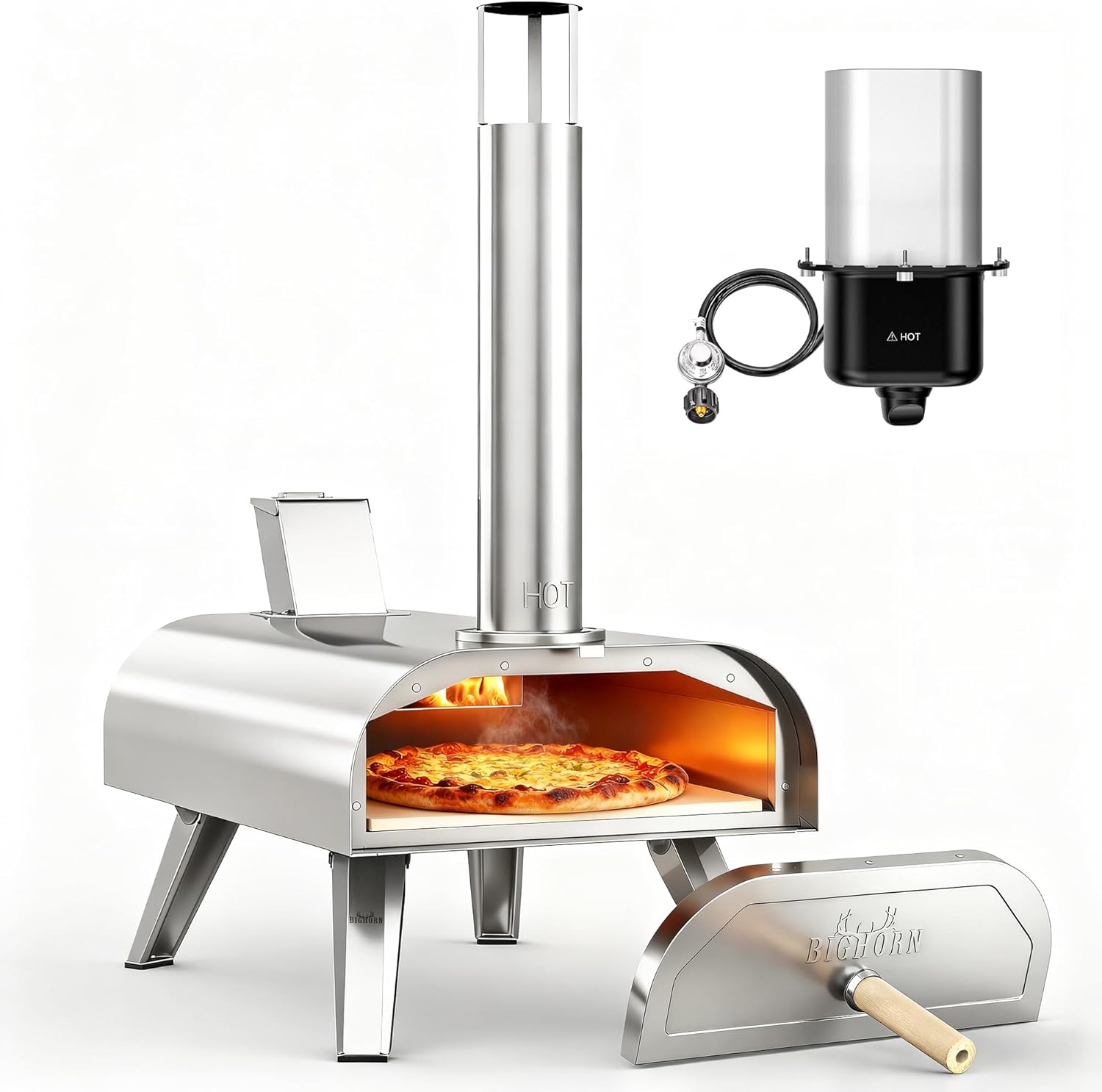 BIG HORN OUTDOORS 12″ Multi-Fuel Pizza Oven, Portable Outdoor Pizza Oven, Wood Fired & Propane Gas, Pellet Pizza Maker with Pizza Stone