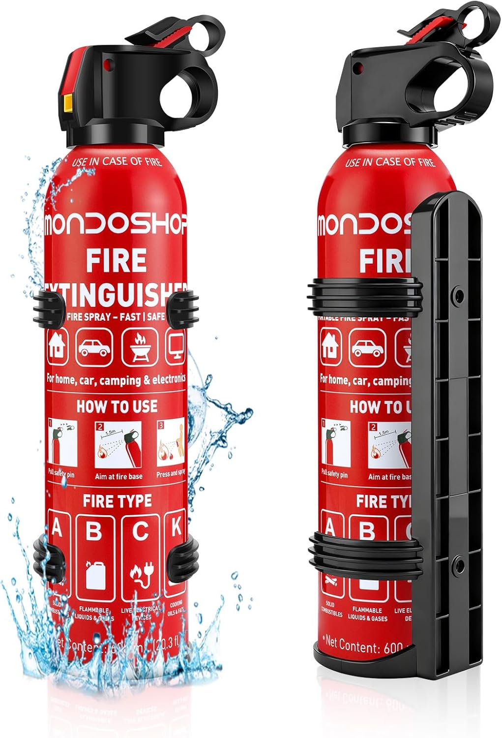Portable Fire Extinguisher for Home and Vehicle – Mondoshop 2-Pack Water-Based Small Fire Extinguisher with Mount for A, B, C, K Fire, Suitable for Vehicle, Home, Kitchen, Car, Boat, Camping, Business