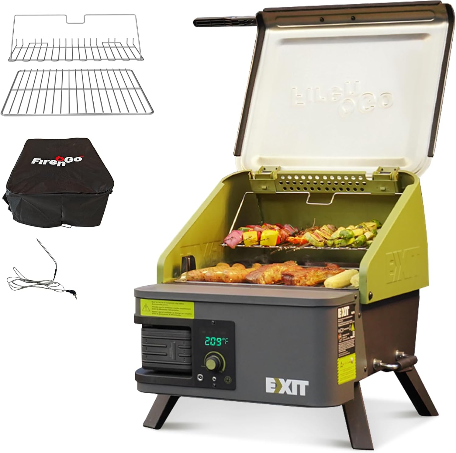 EXIT Fire’n’Go 20V Portable Wood Pellet Grill Smoker, Electric Tabletop Pellet Smoker, 287 Sq.In. Cooking Area, Temperature Control (160-500°F) Outdoor BBQ Grill for Camping, Tailgating, RV, EX110