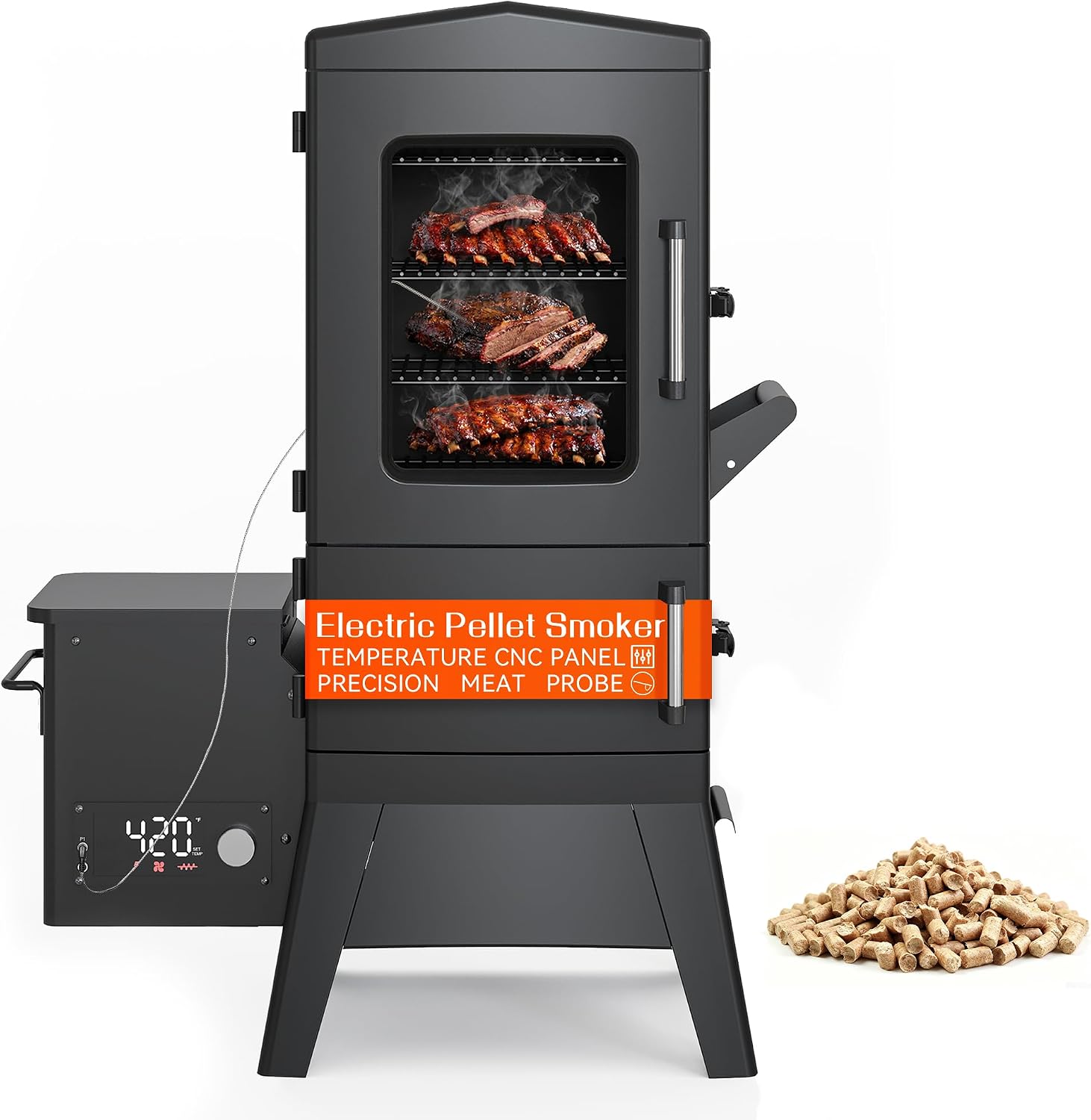 Vertical Pellet Smoker Grill with Cover & Meat Probe, 4-Rack Electric Pellet Smoker, 616 Sq.In Digital BBQ Smoker with LED Temperature Control for Outdoor Smoking Brisket, Ribs, Chicken & Sausage