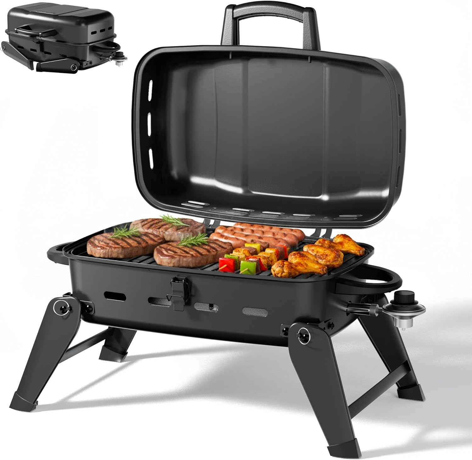 MASTER COOK 10,000 BTU Portable Gas Grill, Outdoor Compact Tabletop BBQ Small Propane Grill with Foldable Legs for RV, Hiking, Camping, Patio, Tailgating