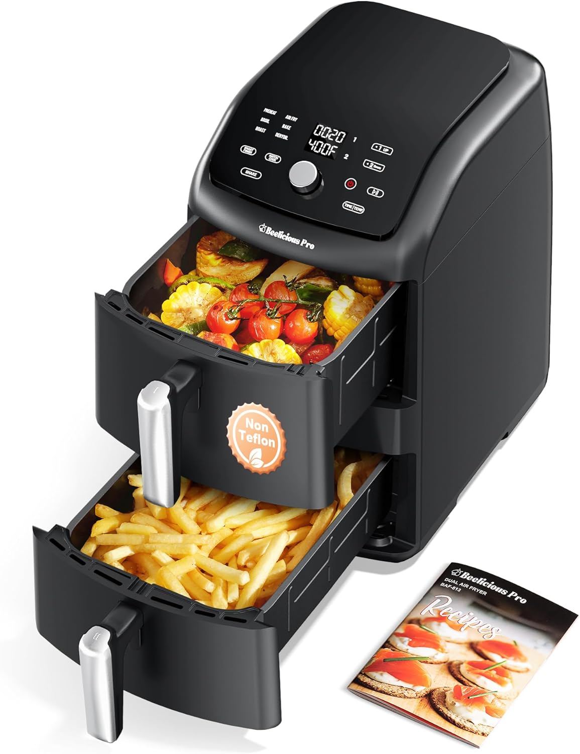 12QT Large Double Air Fryer, Family-Size Dual Airfryer with 2 Baskets, SyncHeat Even Heating, Stacked Compact Design, Smart Finish & Match Cook, PFAS-Free Nonstick, Dishwasher-Safe, Brown Black