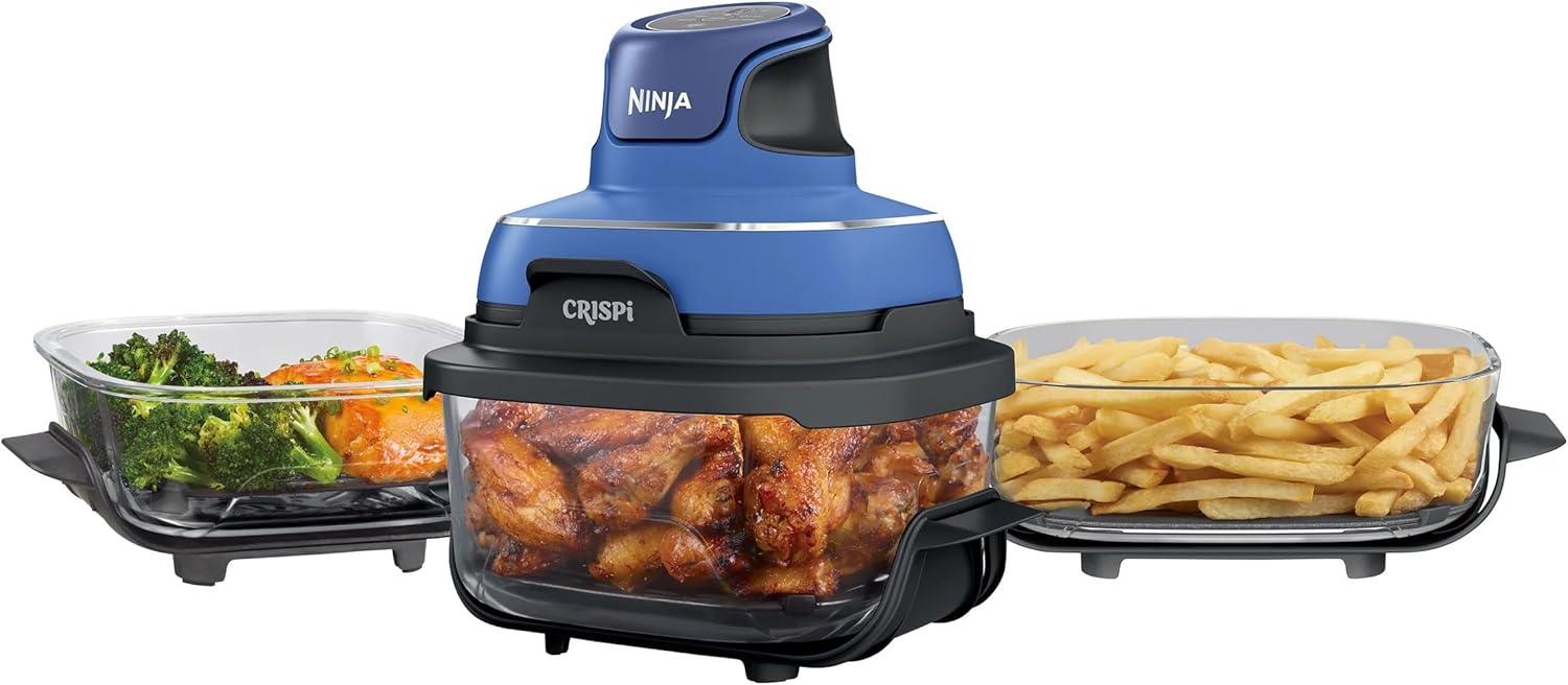 Ninja Crispi 5-in-1 Portable Glass Air Fryer Cooking System, 1500W, 6-Cup, 4-Quart & 2.5-Quart TempWare Containers With Lids, Microwave, Freezer & Dishwasher Safe, Blue, FN103CO (RENEWED)