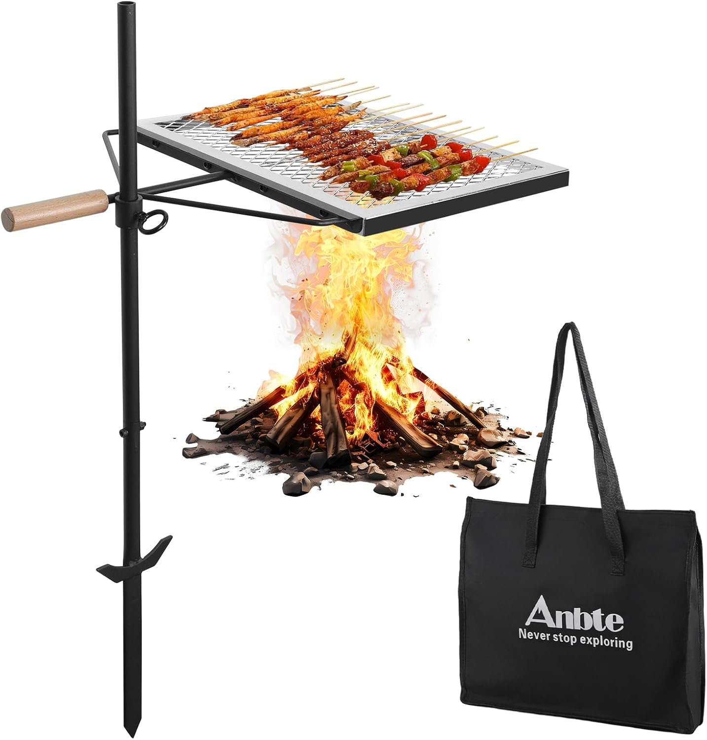 Anbte 35″ Swivel Campfire Grill Grate, 360° Adjustable Heavy Duty Chrome-Plated Steel Fire Pit Grill with Carry Bag, Portable for Camping Backyard Outdoor BBQ Cooking Open Fire