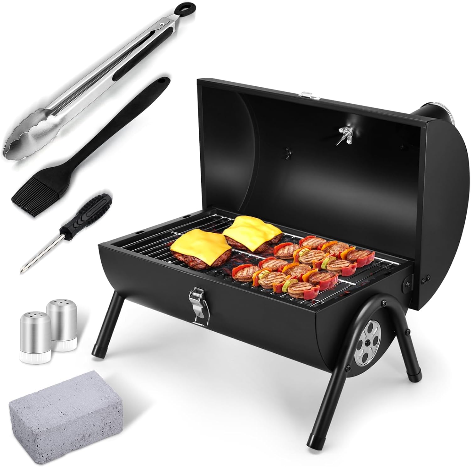 Joyfair Portable Charcoal Grill Set, Small Tabletop Barbecue Grill with Accessories Tools for Outdoor Camping BBQ Grilling Backyard Party Cooking, Heavy Duty & Innovative Design, Thermometer & Chimney