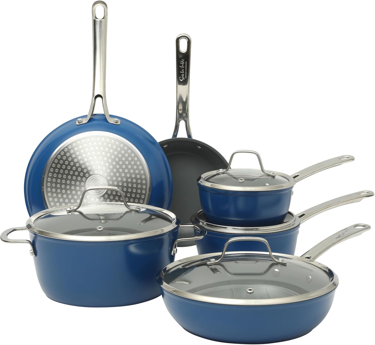 Sur La Table Kitchen Essentials Cool Commune Hard Anodized 10 Piece PFA Free Ceramic Non stick Interior Forged Durable Aluminum Pots and Pans Cookware Set – Blue – Induction Compatible