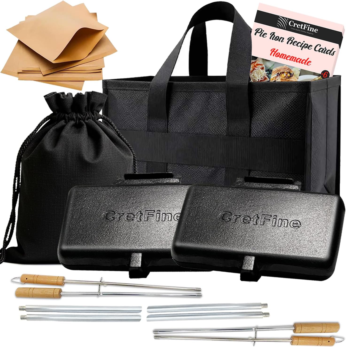 Extendable XL Pie Irons Cast Iron Sandwich Maker for Indoor & Outdoor Use, Camping Cookware with Storage Bag & Recipes & 50 DeliPaper