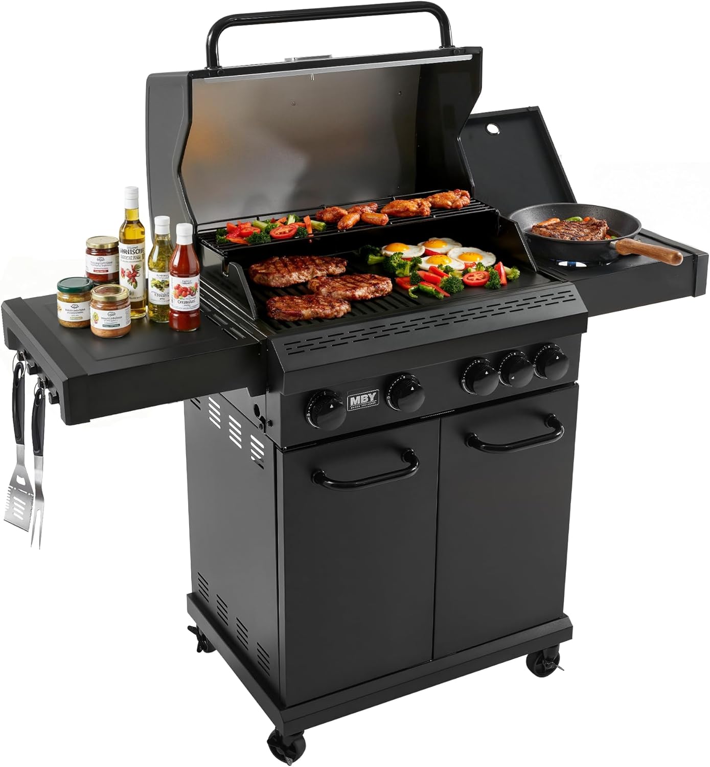 4 Burner Propane Gas Grill with 1 Side Burner, 50,000 BTU Outdoor BBQ Grill, Heavy-Duty Steel Construction, Cast Iron Cooking Grates & Griddle, Backyard Patio Barbecue