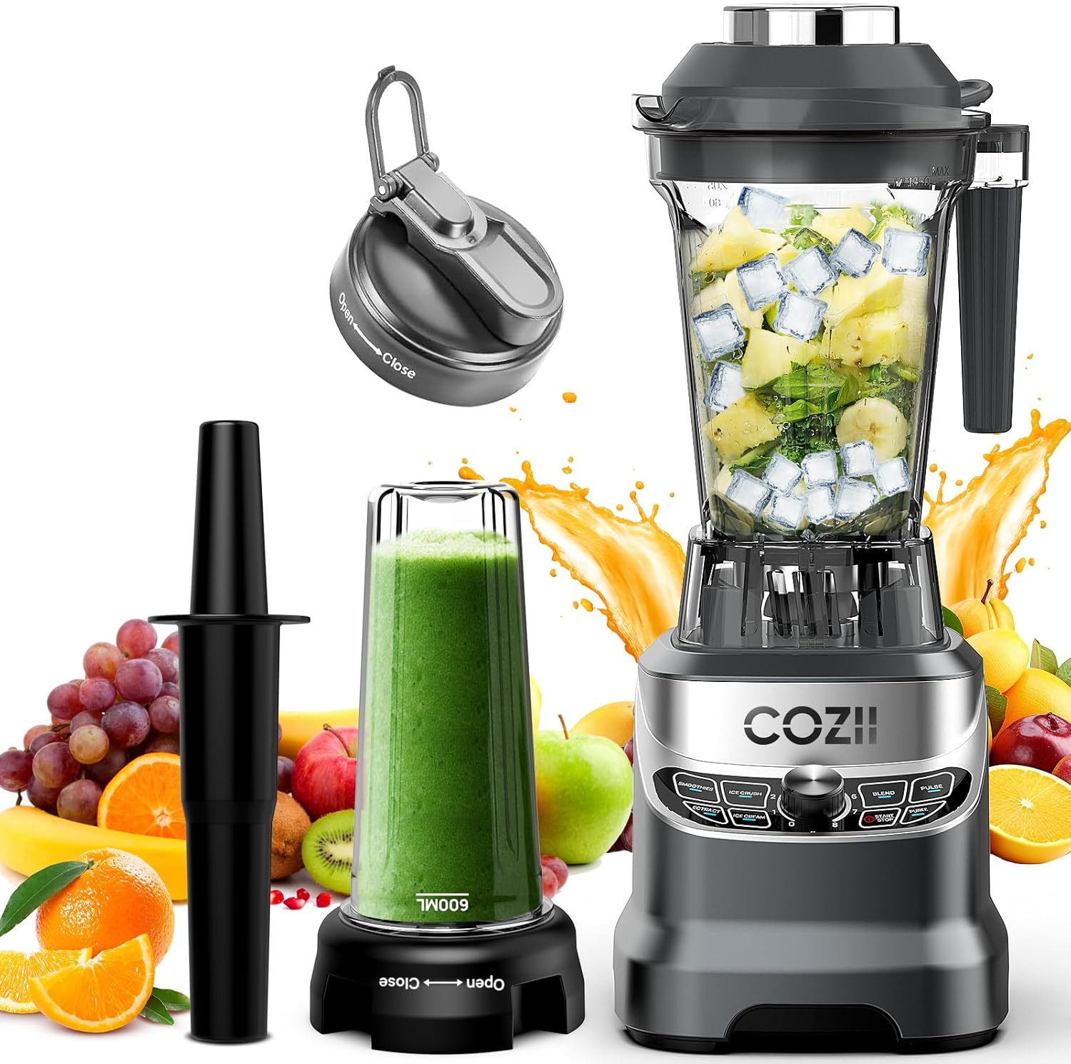 COZII Professional Blenders for Kitchen, 2000W Smoothies Countertop Blender for Ice Crushing/Frozen Drink/Nut Milk, Smoothie Blender with 64oz Pitcher & 21oz To-go Cup, Dishwasher Safe, Dark Grey