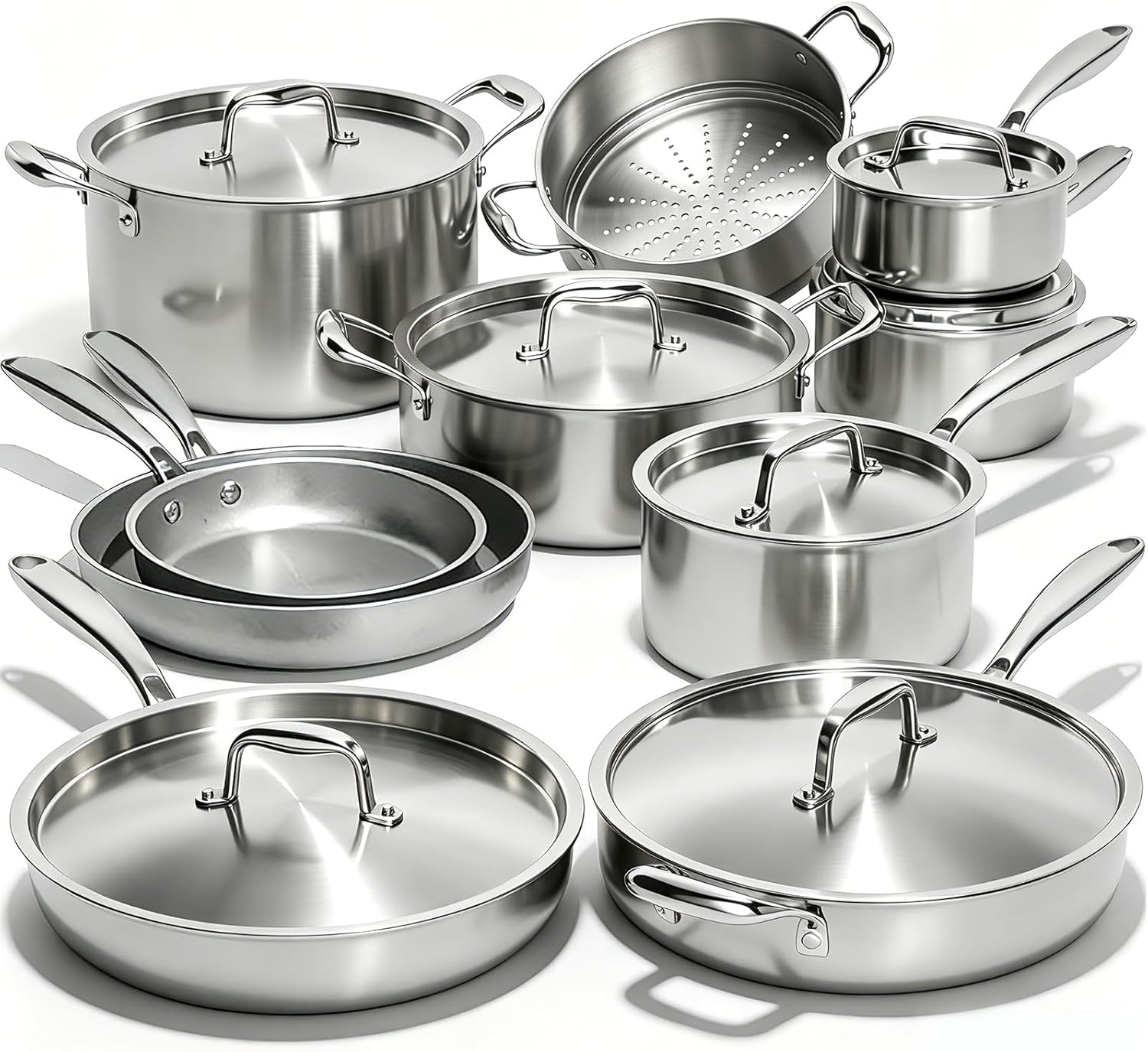 Umite Chef 17Pcs 5 Ply Clad Stainless Steel Cookware Set with Lids, Heavy Duty Pots and Pans Kitchen Set, Induction-Ready, Dual Aluminum Core for Even Heat, Cool Grip Handles, Dishwasher Safe