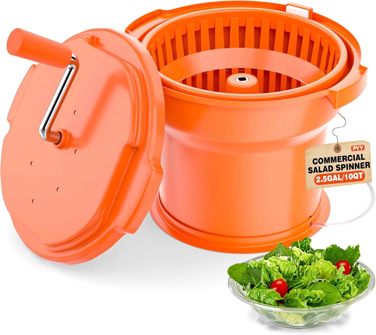 PYY 2.5 Gallon Commercial Salad Spinner – Salad Dryer w/Silicone Anti-slip Mat & Draining Hose, 10Qt Manual Salad Spinner for 3 Heads of Lettuce Spinner Large for Catering