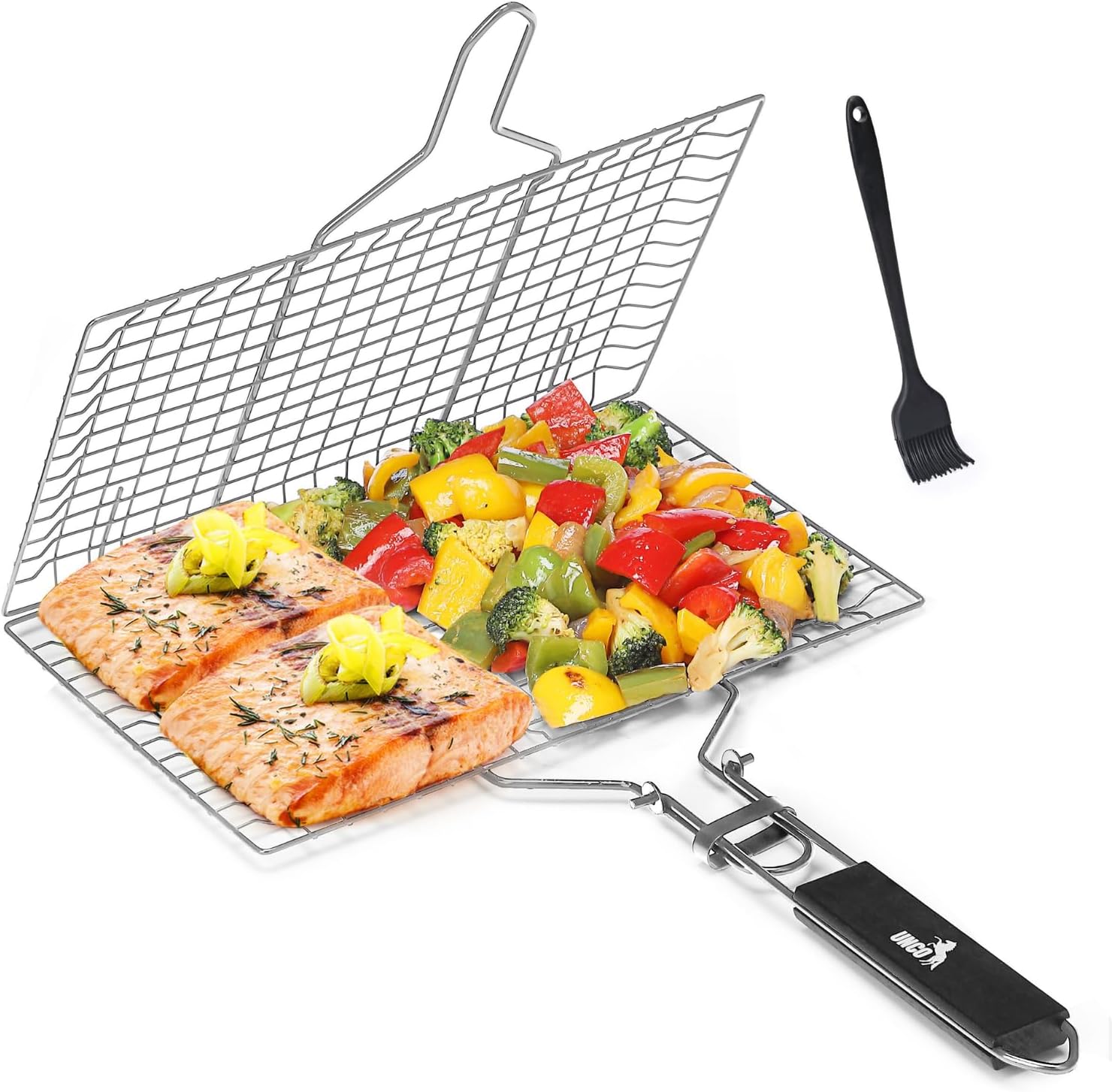 UNCO- BBQ Grill Basket, Folding Portable Stainless Steel BBQ Grill Basket with with Removable Wooden Handle & Basting Brush for Vegetables, Shrimp, Fish, Locking Grilling Basket for Outdoor, Camping