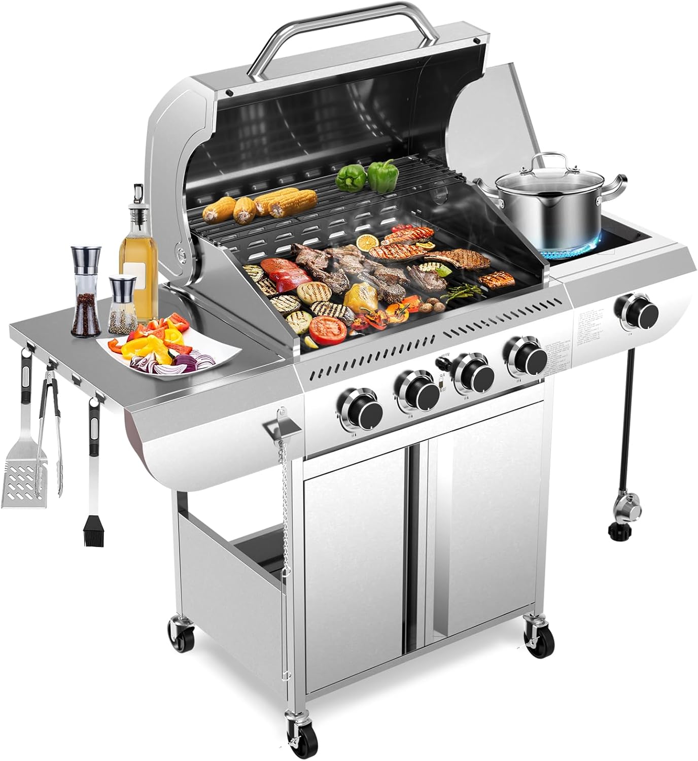 R.W.FLAME 4-Burner Gas Grill with Side Burner, Stainless Steel Propane Grill 42000BTU for Outdoor Cooking, with Porcelain-Enameled Grates, Baking Pan, Silver