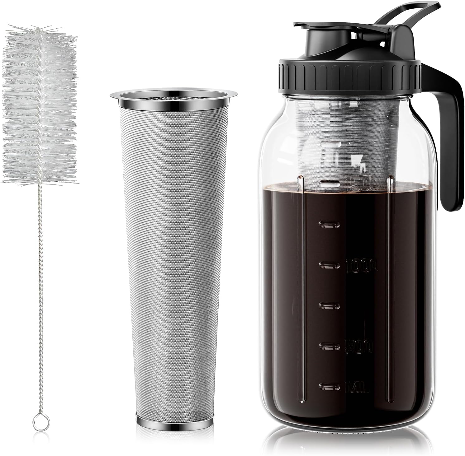Cold Brew Coffee Maker 64oz, Iced Coffee Maker with 304 Stainless Steel Filter, Mason Jar Pitcher with Lid and Spout (Black)