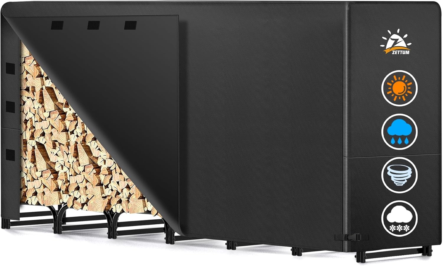 Zettum 8ft Firewood Log Rack – Outdoor Wood Stand Holder, Heavy Duty Metal Fire Wood Pile Organizer with Cover for Fireplace Storage (96 x 14 x 48 Inch)