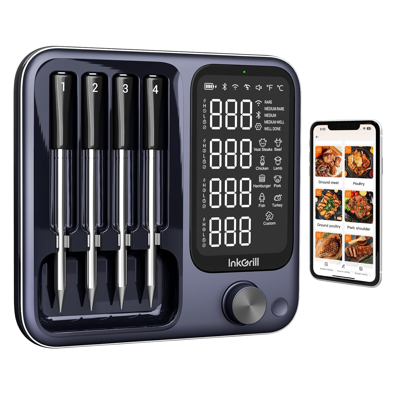 Wireless Meat Thermometer with APP Control，4 Probes Meat Thermometer Digital, Unlimited Range WiFi & Bluetooth Meat Thermometerfor for Rotisserie, Grill, Oven, Smoker, BBQ, Air Fryer