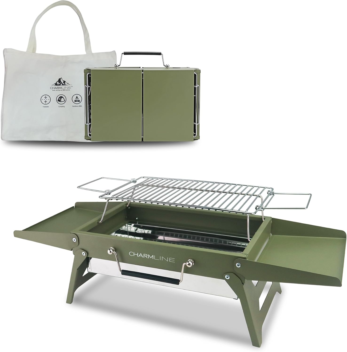Charmline 14 x 9 inches Small Portable Charcoal BBQ Grill, Foldable Compact Camping Barbecue for 1–3 People, Ideal for Garden, Beach, Picnic & Tabletop Use, Green