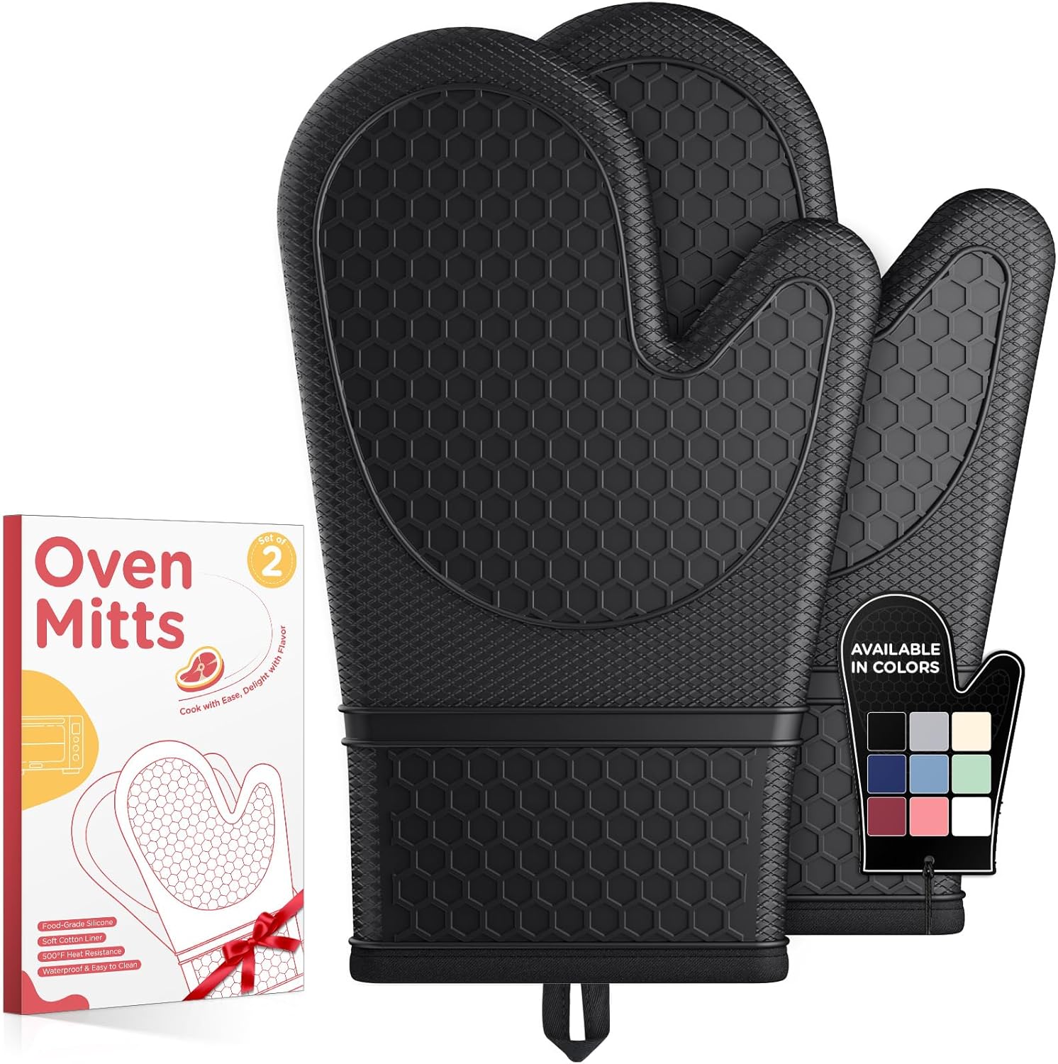 Kitsure Silicone Oven Mitts, Set of 2, Heat Resistant, Oven Gloves with Soft Lining, Non-Slip Kitchen Essentials, Kitchen Gadgets, Apartment Essentials, Great Gift for Cooking, Baking, Black