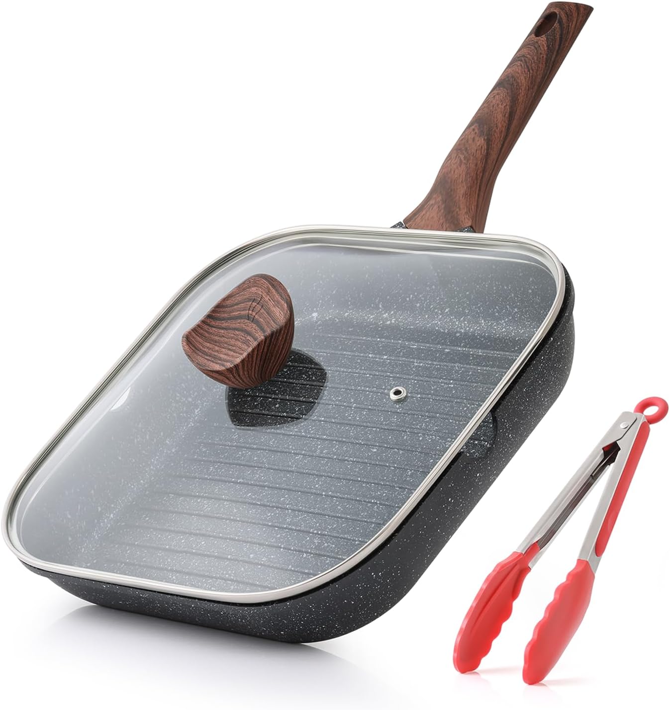 Kordisen Nonstick Grilling Pan with Lid for Stove Tops, 11 Inch Square Grill Pan for Indoor Cooking, Granite Coating Grill Skillet with Pour Spouts, Versatile Griddle, Induction Steak Pan, PFOA Free