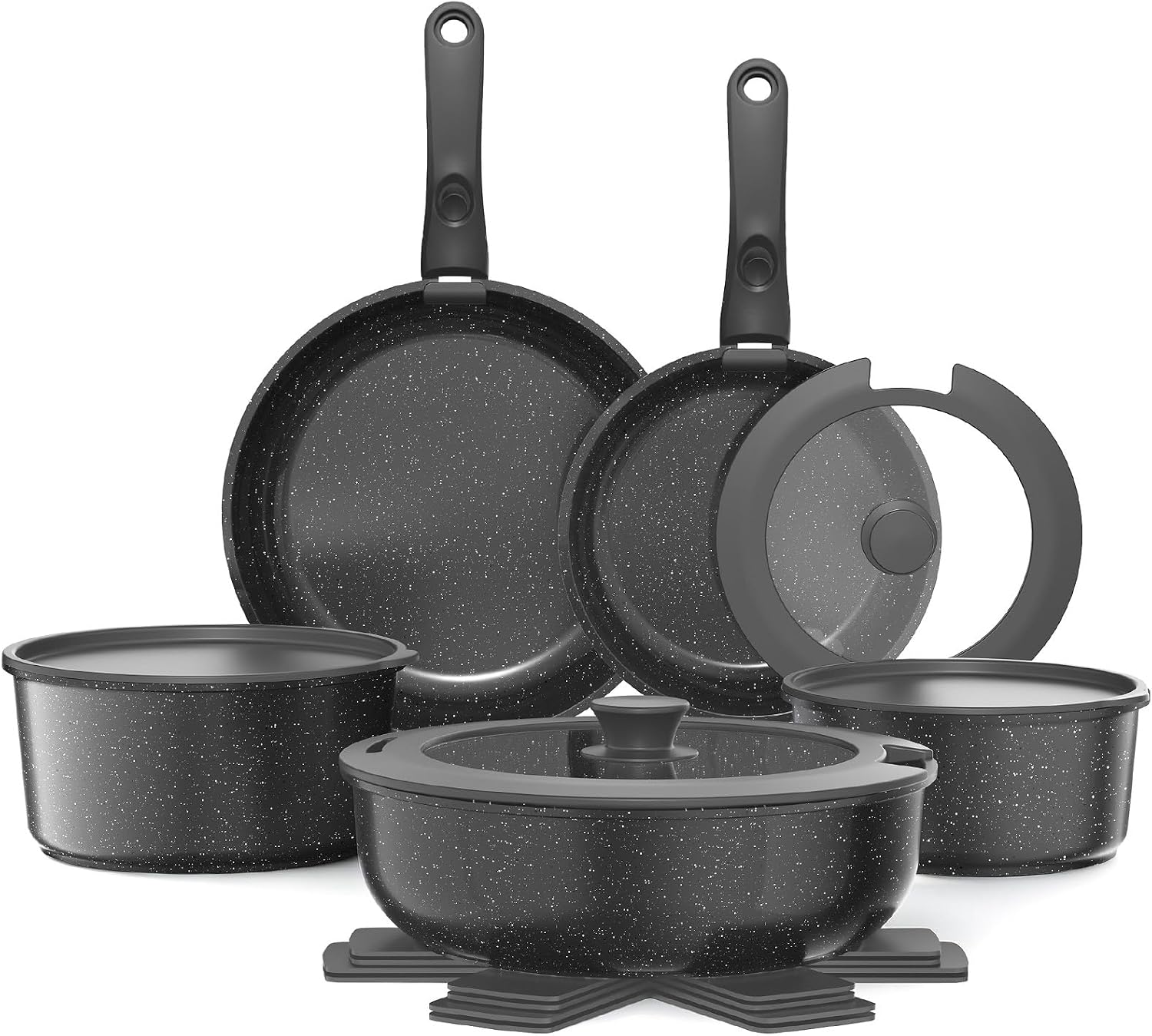 YASHE 15Pcs Nonstick Pots and Pans Set with Removable Handle, Oven Safe | Non-Toxic Stackable Cookware Set for RVs, Camping, PFOS/PFOA-Free Induction Compatible