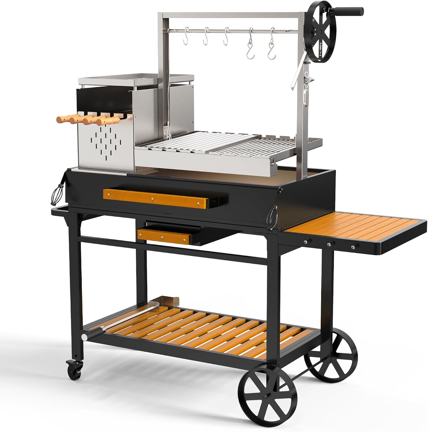 Brand-Man Santa Maria Grill Argentine with Brasero, Wood & Charcoal Parrilla Grilling Station BBQ, Height Adjustable V-Grate & Griddle, Authentic Asado Grill Cooking with Fire Brick, Skewers & S-Hooks