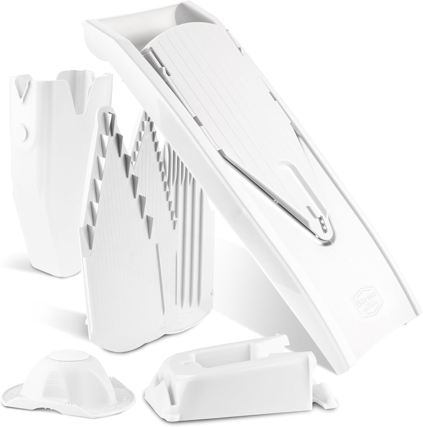Mandoline Food Slicer Börner V1 (Profi Set) by Reston Lloyd • V-Slicer with 4 Inserts, Docking Station & Food Holder • Made in Germany • Fruit & Vegetable Chopper • Multiple Settings • Color: White