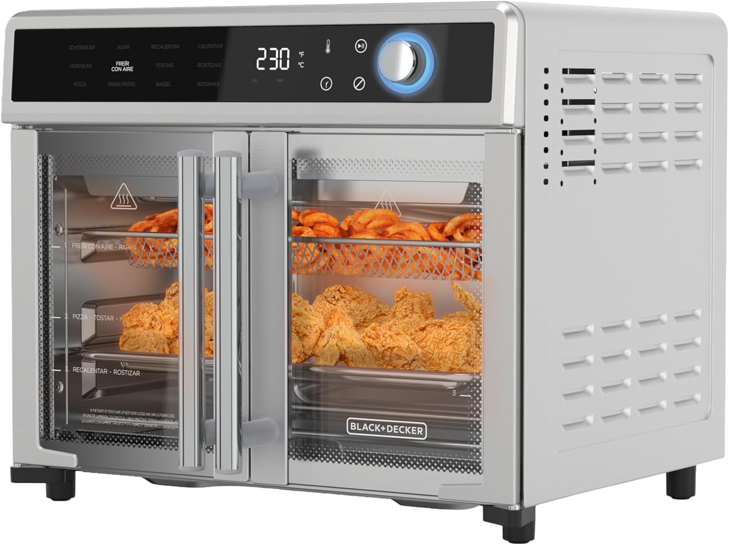 BLACK+DECKER Crisp ‘N Bake Air Fryer Toaster Oven Combo, 12 in 1 Countertop Convection Oven Cooks Food Fast, Fits a Whole Pizza or 6 Toast Slices, French Doors with Stainless Steel Finish