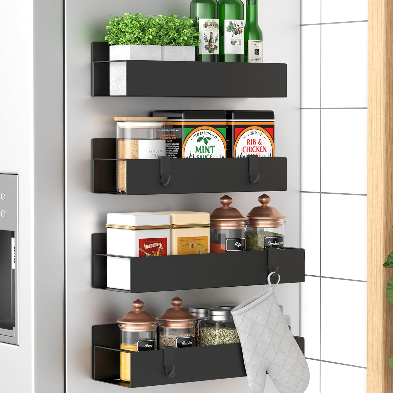 HuggieGems Metal 4 Pack Magnetic Spice Storage Rack Organizer for Refrigerator and Oven, Black Fridge Organizers and Storage, Metal