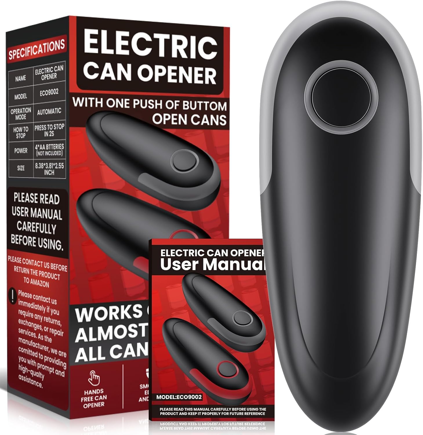 Electric Can Opener Fits All Can Sizes, Electric Can Openers for Kitchen Food Safe with Smooth Edge, Kitchen Gadgets Battery Operated Can Openers for Seniors, Arthritis and Chef Black+Grey