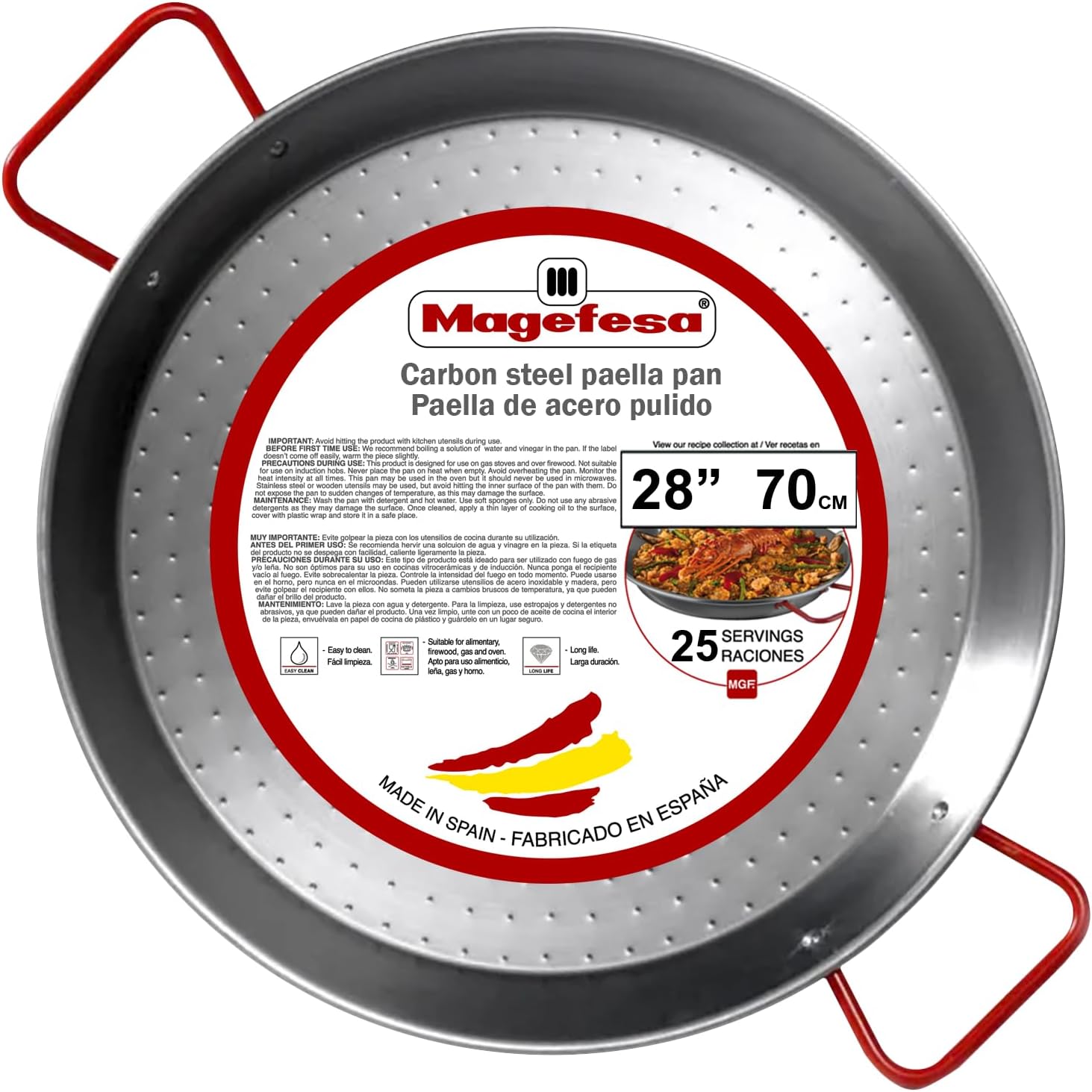 Magefesa 28″ Carbon Steel Paella Pan – 70 cm – 25 Servings, Durable & Lightweight with Dimpled Surface, Ideal for Outdoor Cooking & Traditional Valencian Paella