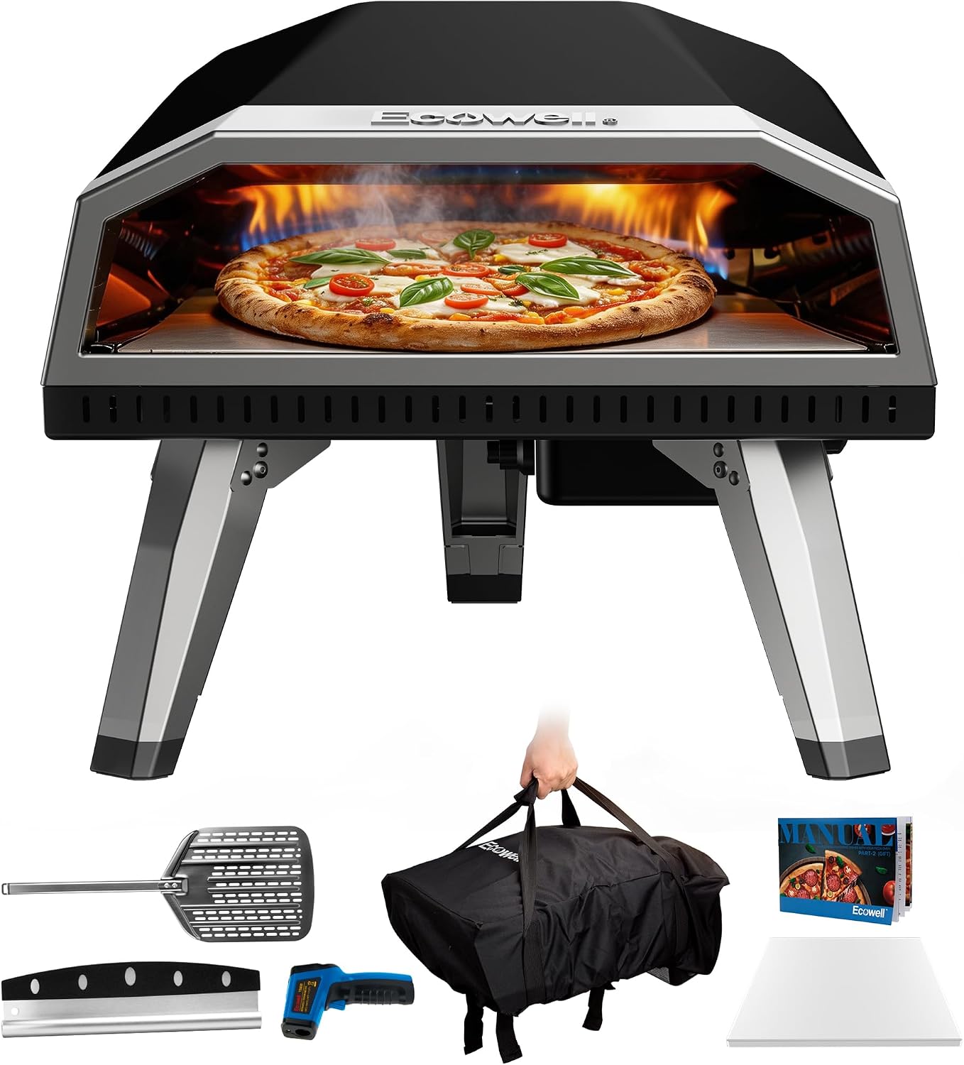 ECOWELL 12 inch Gas Pizza Oven Outdoor Propane, Portable Pizza Oven with Stone, Stainless Steel Pizza Oven Indoor & Outdoor for Camping Backyard Party, Ignition Built-in, 12 min Fast Heating