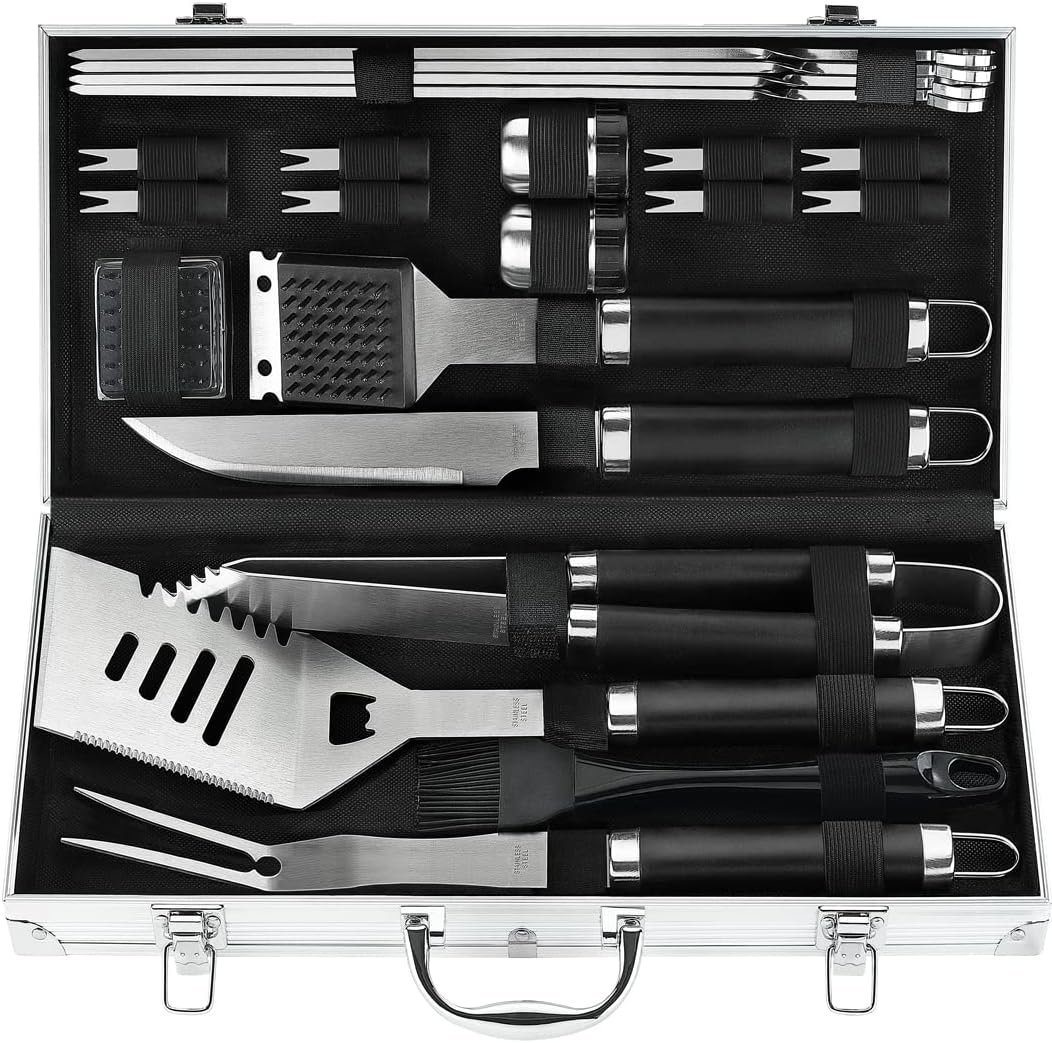 POLIGO 22PCS Heavy Duty BBQ Grill Accessories Set, Non-Slip Grill Tools for Outdoor Grill Set Stainless Steel Grill Utensils Set, Deluxe Grilling Tools Set in Aluminum Case Ideal Gifts for Men Black