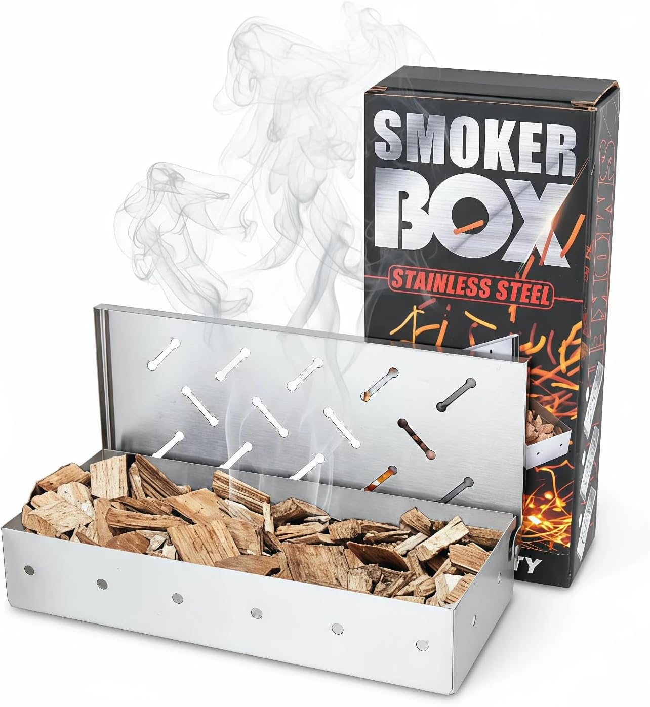 Smoker Box for Gas Grill,Wood Chip Stainless Steel Pellet Smoke Box for All Grills Oven,Hinged Lid, Heavy Duty BBQ Accessories Party Gift for Dad Men Barbecue Outdoor