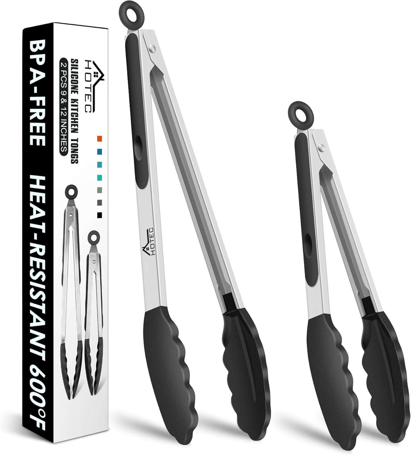 HOTEC Premium Stainless Steel Locking Kitchen Tongs with Silicon Tips, Set of 2-9″ and 12″