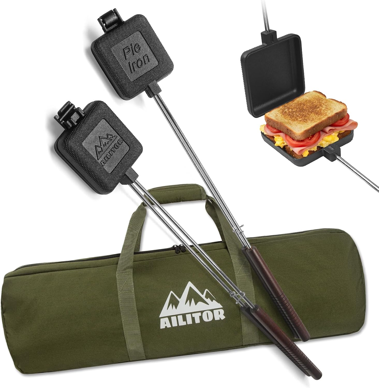 AILITOR Mountain Pie Maker Cast Iron Set of 2 – Pie Irons for Camping with Storage Bag, Campfire Sandwich Maker Cast Iron