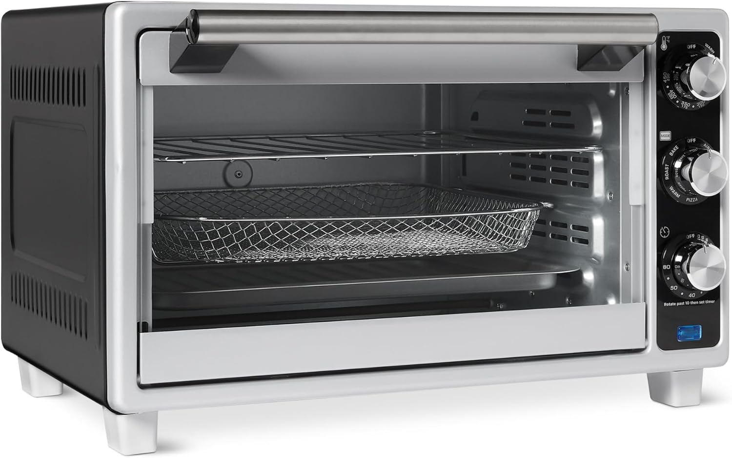 Amazon Basics 6-Slice 23-QT Toaster Oven with Built-In Air Fryer, 7-In-1 Cooking Options, 60-Min Timer & Adjustable Temperature (200°F – 450°F), With Accessories, 1500W, Stainless Steel, Silver/Gray