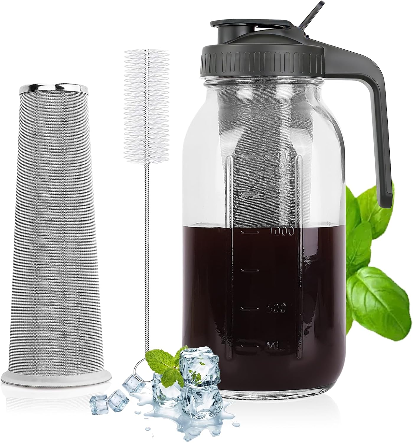 Cold Brew Coffee Maker – 64 Oz Heavy-Duty Glass Mason Jar Pitcher with Stainless Steel Filter, Leak-Proof Lid, Ergonomic Handle & Precision Pour Spout – Ideal for Iced Coffee, Tea, Cold Brew (Black)