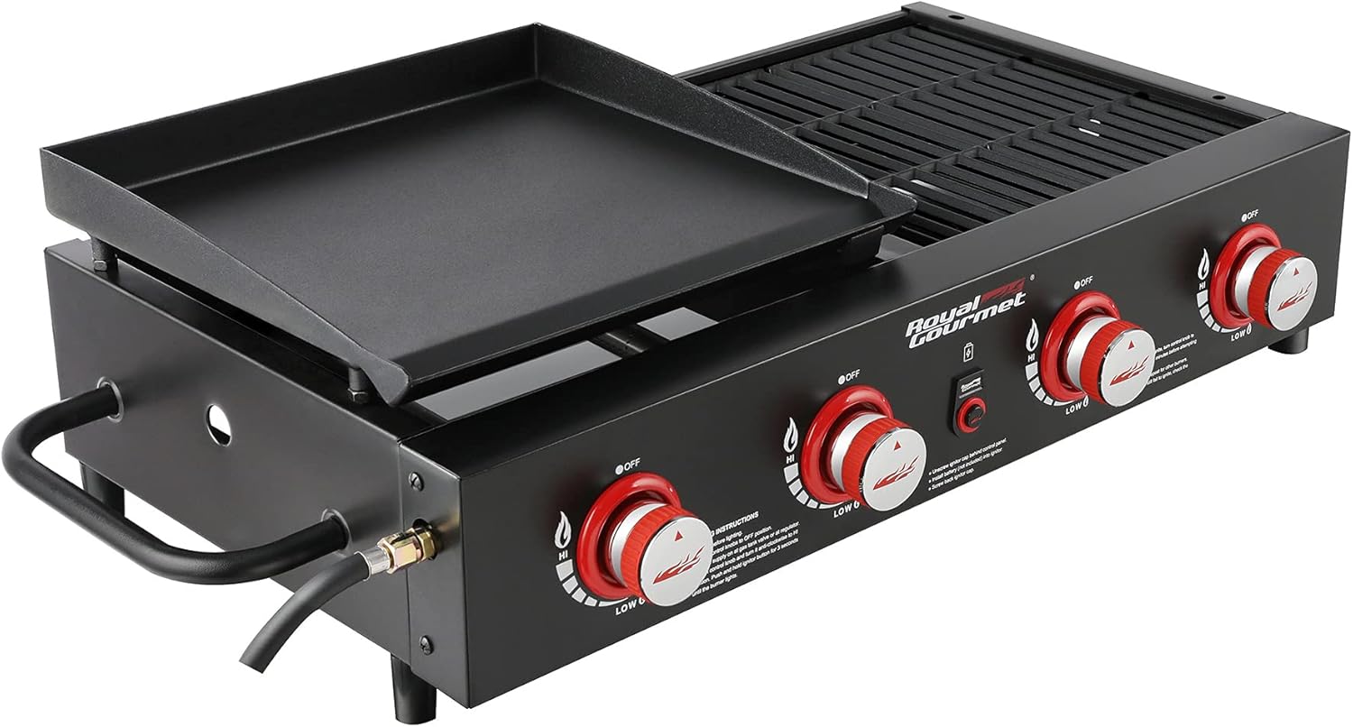 Royal Gourmet GD4002T 4-Burner Tailgater Grill and Griddle Combo, Portable Flat Top Propane Gas Grill with 40,000 BTUs Output for Backyard or Outdoor Cooking, Black