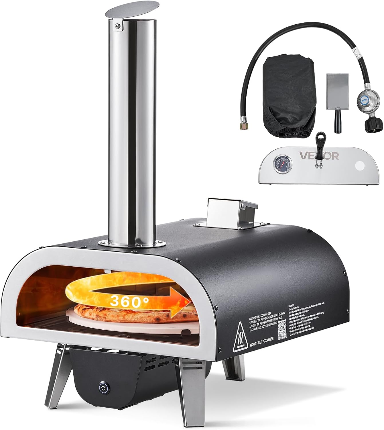 VEVOR Dual Fuel Outdoor Pizza Oven, 12″ Auto-Rotating Propane & Wood Pellet Pizza Ovens, Multi-Fuel Pizza Maker with Electric Rotation System & Thermometer, for Outside Patio Camping & Backyard