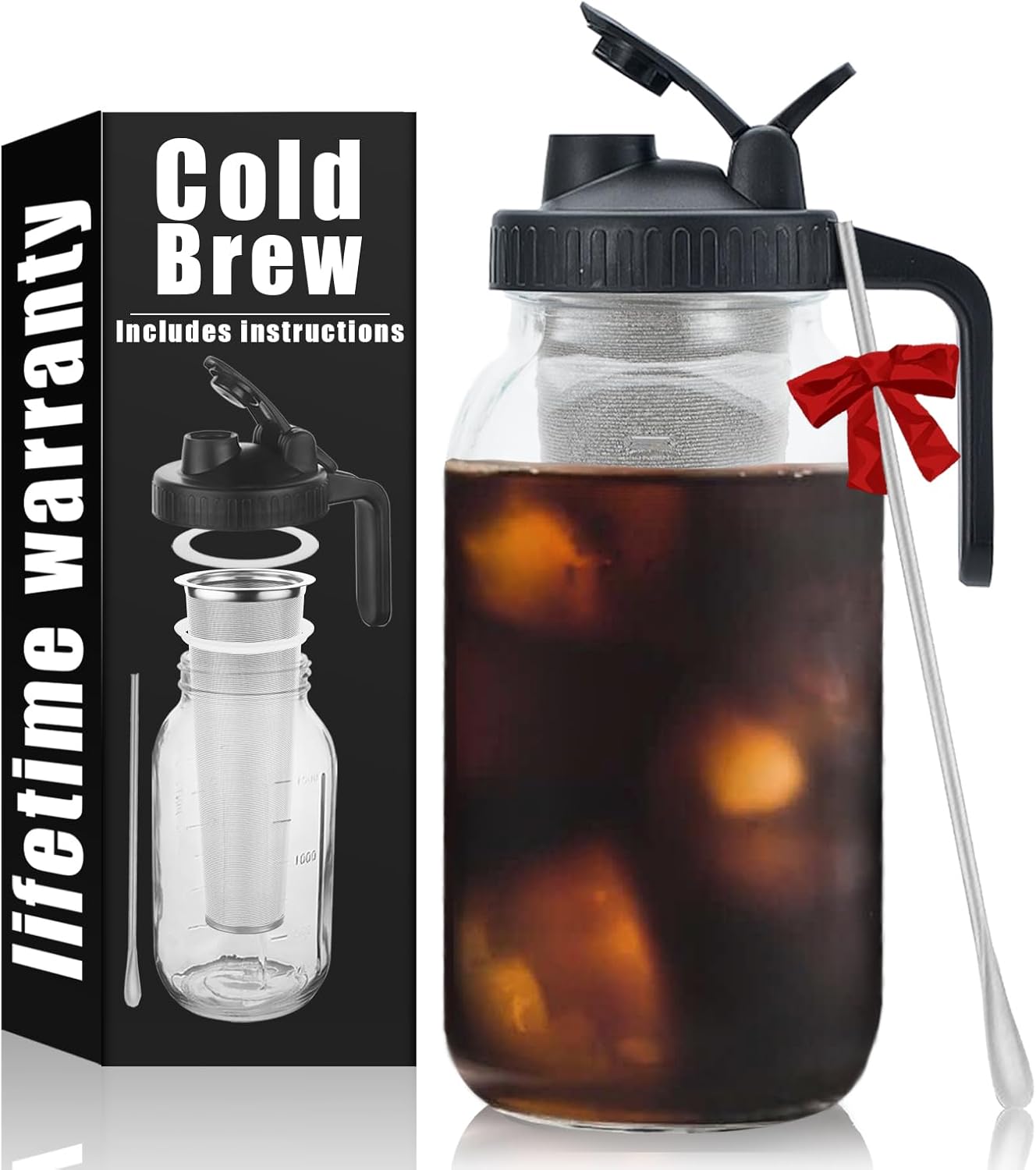 Cold Brew Mason Coffee Maker – 64oz Iced Coffee Pitcher with Stainless Steel Mixing Spoon & Super Dense Filter 3 Steps Finish Cold Brew Coffee, Classic BPA Free Sturdy Mason jar Pitcher Easy to Clean