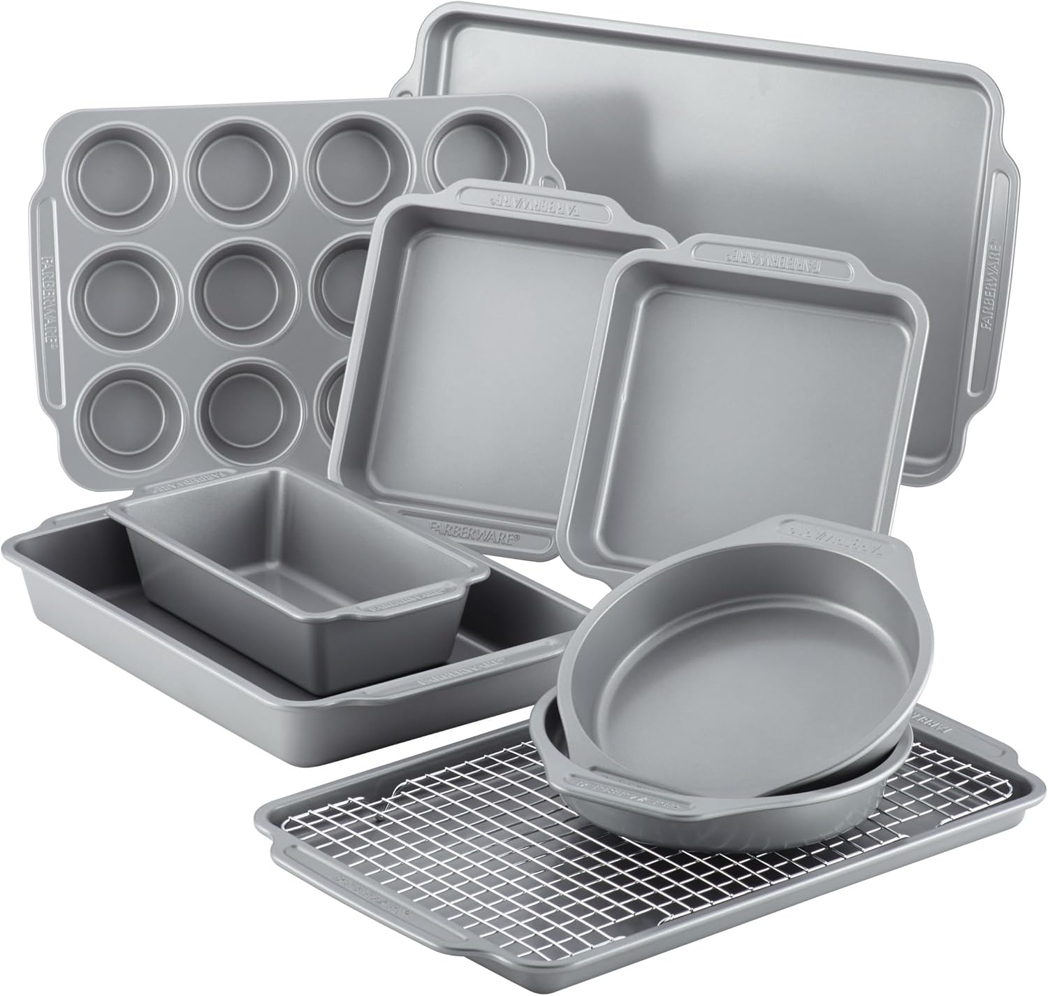 Farberware Nonstick Bakeware Set with Cooling Rack, 10-Piece, Gray