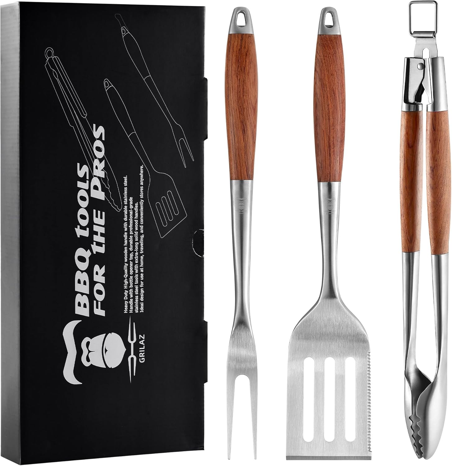 GRILAZ Heavy-Duty Rose Wooden BBQ Grilling Tools Set. Extra Thick Stainless Steel Multi-Function Spatula, Fork & Tongs | Essential Accessories for Barbecue & Grill. Ideal Gift for Father…