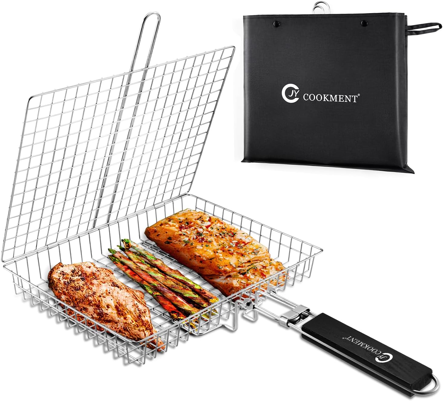 JY COOKMENT Grill Basket Stainless Steel with Portable Removable Handle, Grilling Basket-BBQ Accessories for Vegetable, Shrimp, Fish, Steak and Outdoor Use-Dishwasher Safe