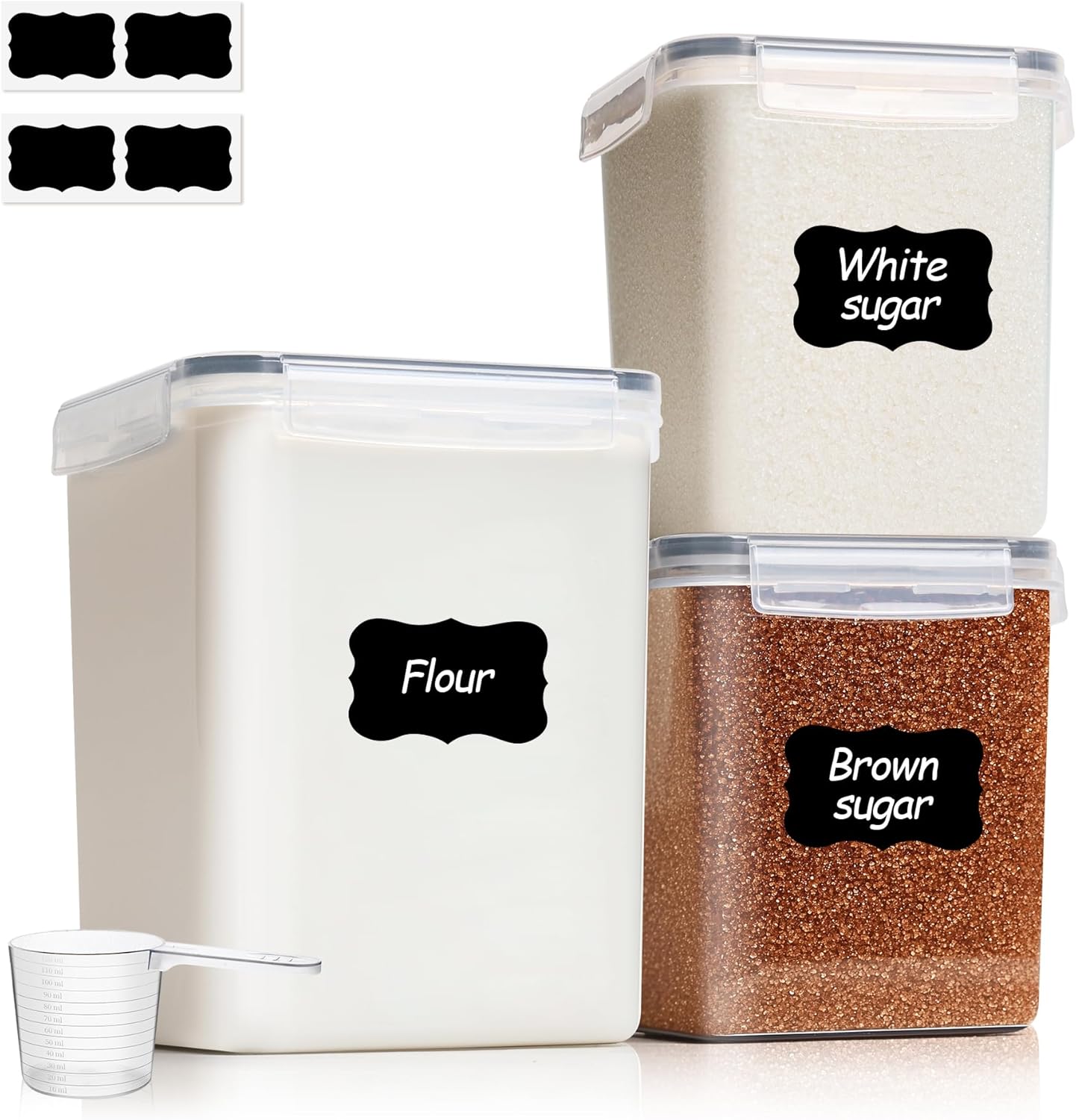 3 PCS Airtight Flour and Sugar Container for Pantry – 5lb Flour Capacity – 7.1 Inch Extra Wide Mouth Square Pantry Storage – Set of 3 (5.2L/5.5Qt) (2.5L/2.6Qt*2) – Stackable Baking Supplies Organizer