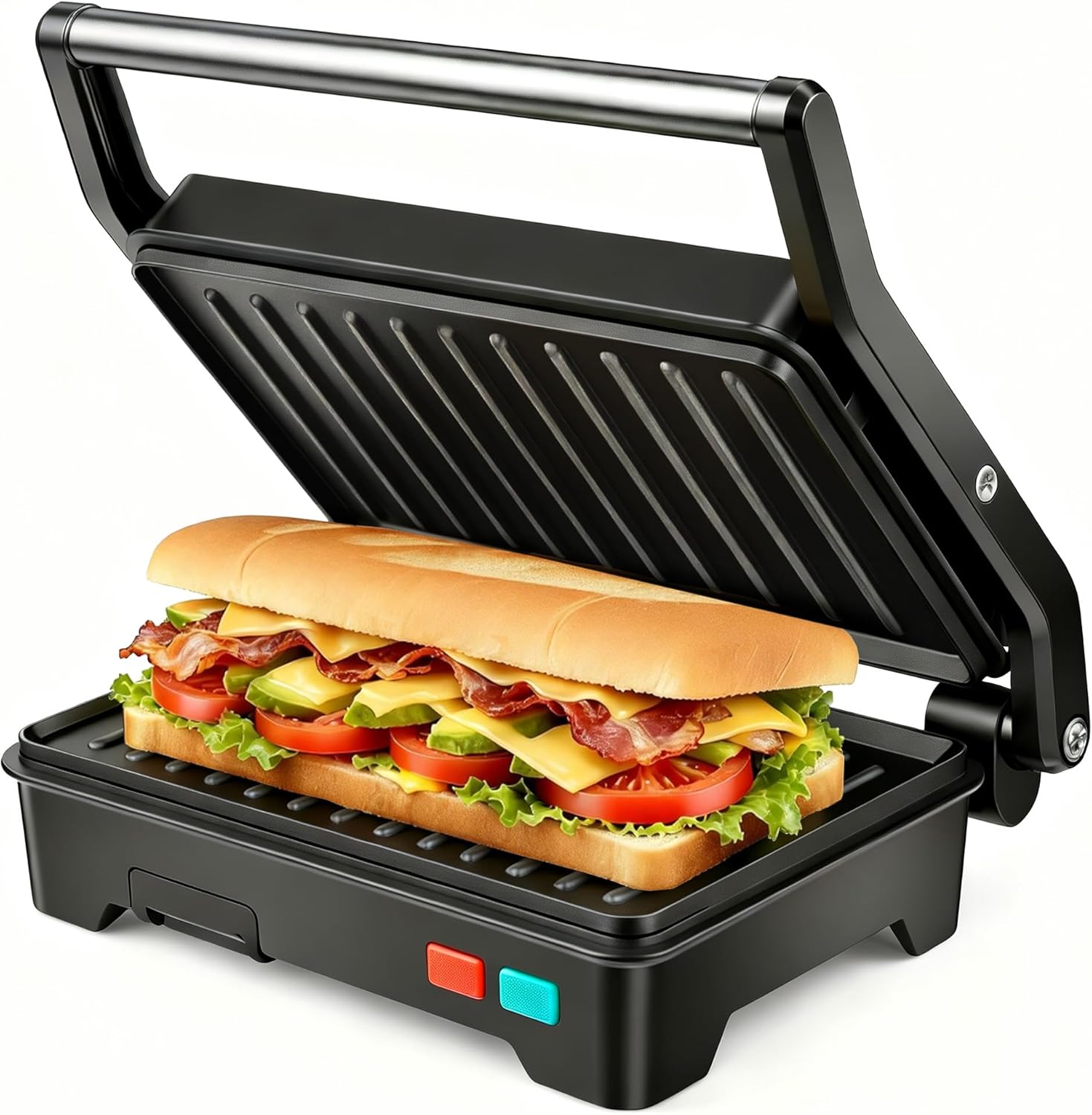 Panini Press Grill, 2 Slices Sandwich Maker with Non-Stick Coated Plates & Removable Drip Tray, 3-in-1 Sandwich Press Electric Grill, Opens 180 Degrees to Fit Any Type or Size of Food, 1000W, Black