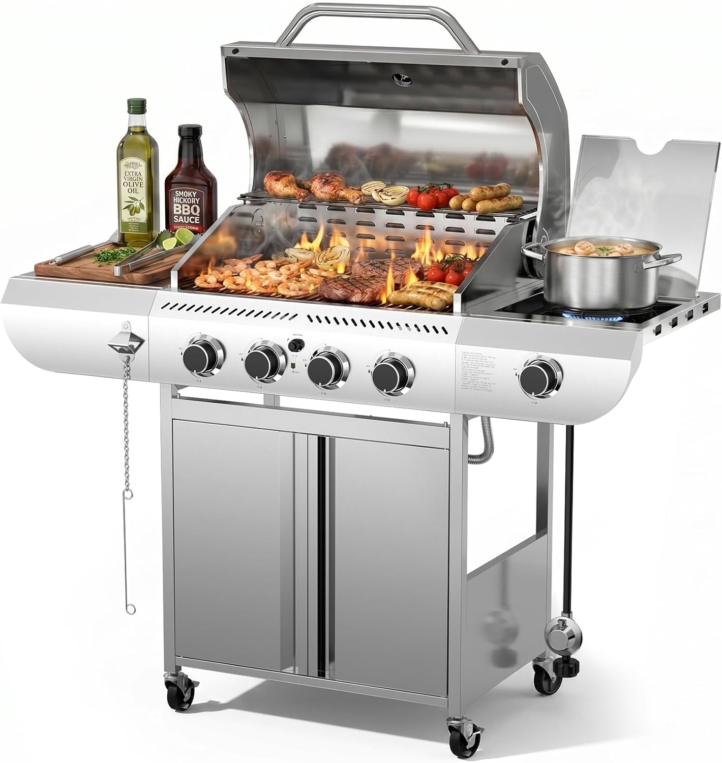 COWSAR 4-Burner Gas Grill, 42000 BTU BBQ Grill, Stainless Steel Barbecue Grill with Side Burner, Enameled Cast Iron Grill, Pull-Out Oil Tray, Suitable For Outdoor, Backyard Barbecues